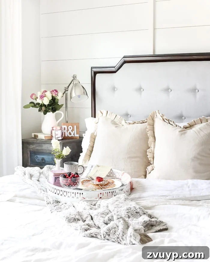 Romantic Valentine's Day breakfast in bed setup with a DIY shabby chic tray, Q&A postcards, and delicious food.