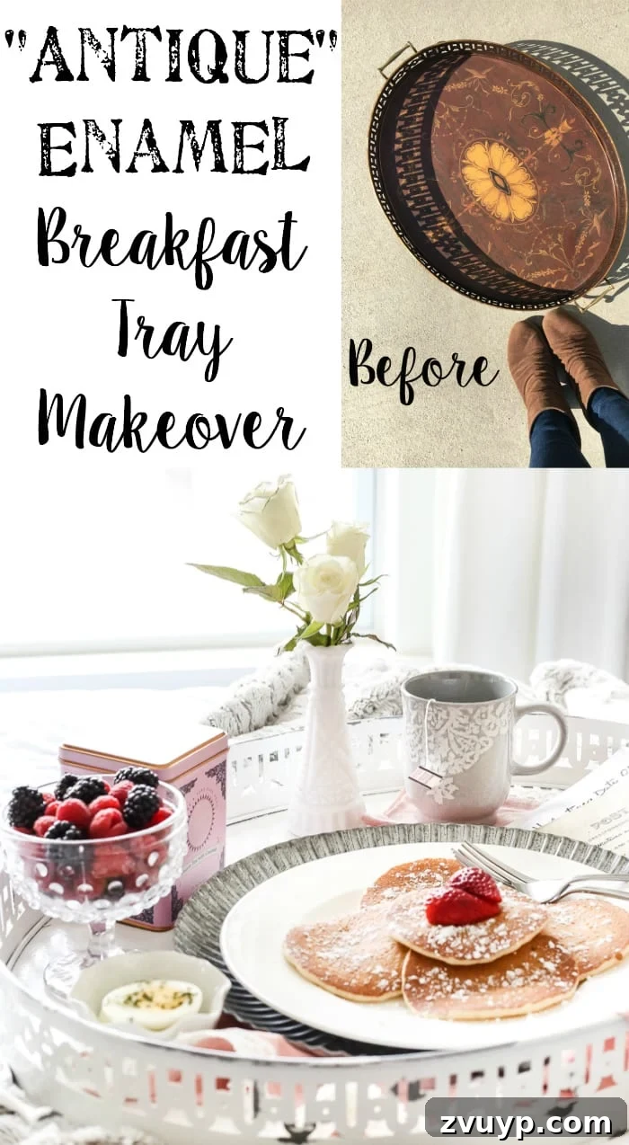 Pin this image: DIY shabby chic antique enamel breakfast tray makeover for Valentine's Day.