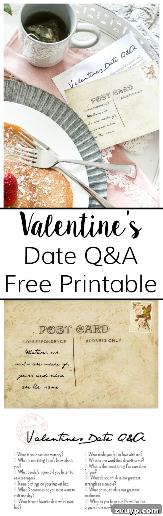 Pin this image: Free printable Valentine's Date Q&A postcards for couples.