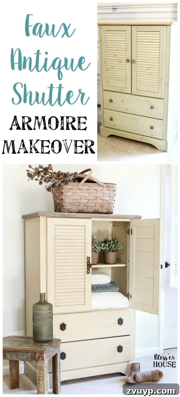 Distressed Shutter Armoire Transformation 9 Pinterest graphic for Faux Antique Shutter Armoire Makeover tutorial using Fusion Mineral Paint, showcasing the before and after.