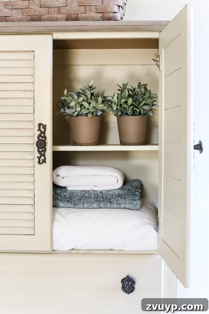 Distressed Shutter Armoire Transformation 6 The transformed faux antique shutter armoire now providing stylish and functional storage in the guest bedroom for toys and linens.