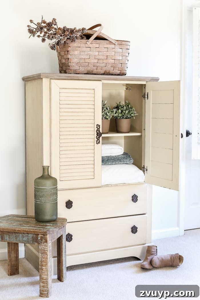 Distressed Shutter Armoire Transformation 8 The refreshed guest bedroom featuring the newly transformed faux antique armoire and freshly painted walls, creating a brighter, more inviting space.