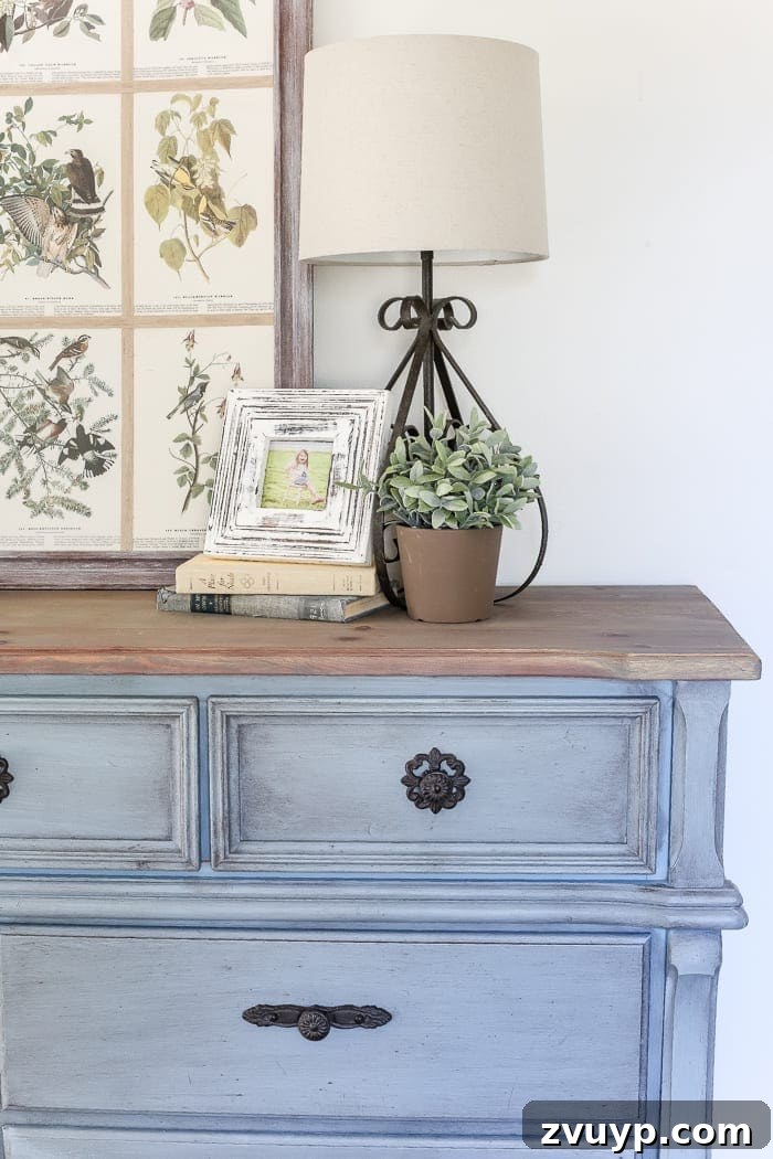 Azure Dream: My Dresser's French Blue Revival 11 French Blue Dresser Makeover | Close-up of dresser drawers with subtle wax applied to corners for added depth and an antique look.