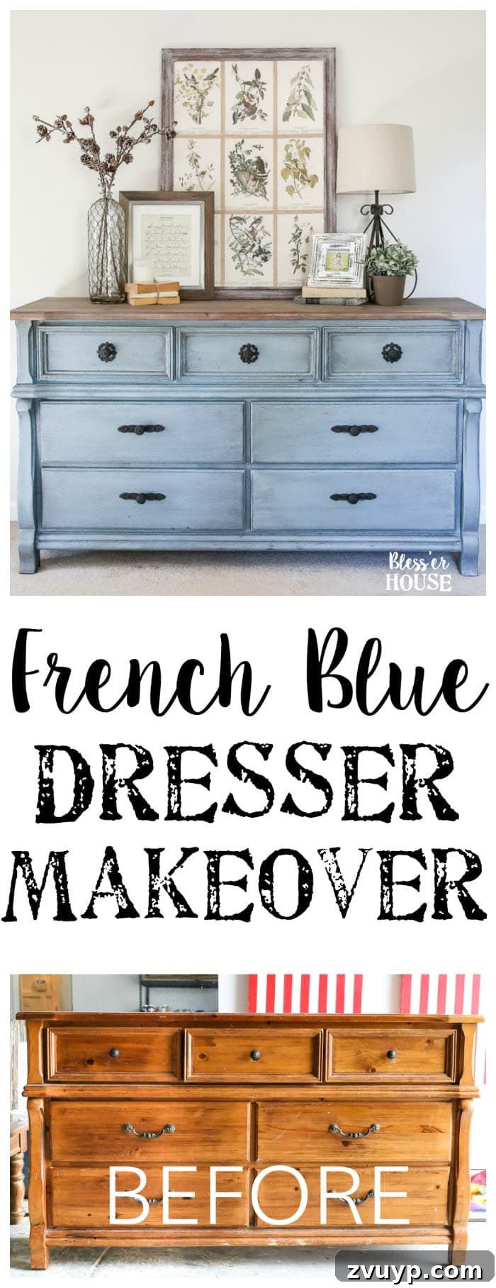 Azure Dream: My Dresser's French Blue Revival 16 Pin this French Blue Dresser Makeover | An orange wood thrifted dresser gets a French blue makeover using Fusion Mineral Paint in Champness and Homestead House Wax in Espresso. #bedroom #furniture-makeovers