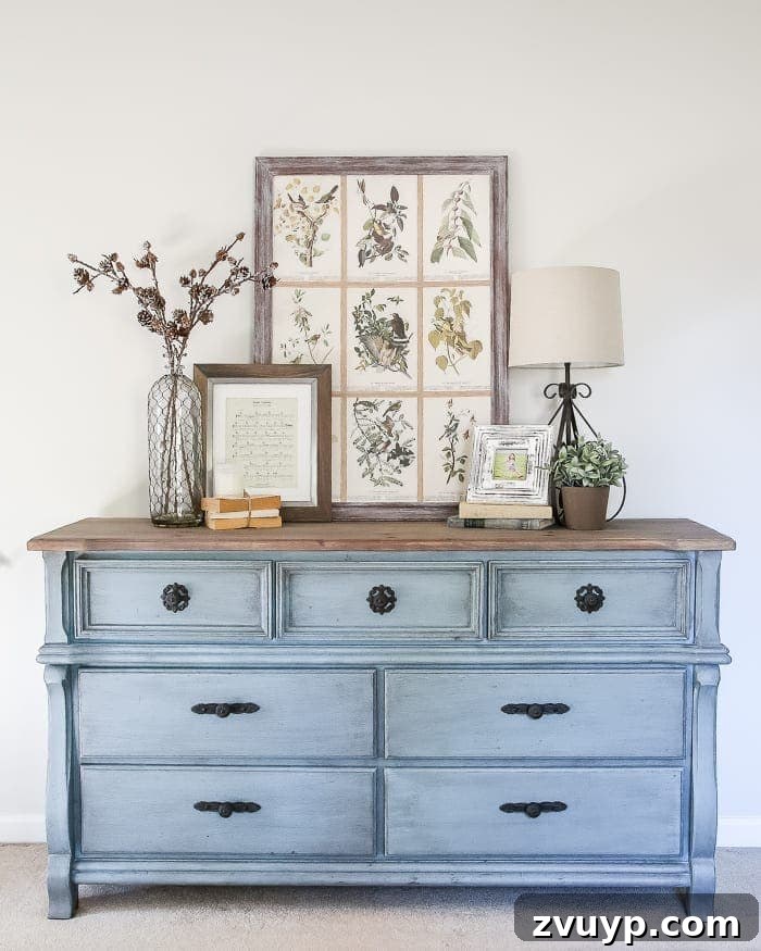 Azure Dream: My Dresser's French Blue Revival 8 French Blue Dresser Makeover | The completed French blue dresser makeover, featuring Fusion Mineral Paint in Champness, Espresso wax, and new hardware.