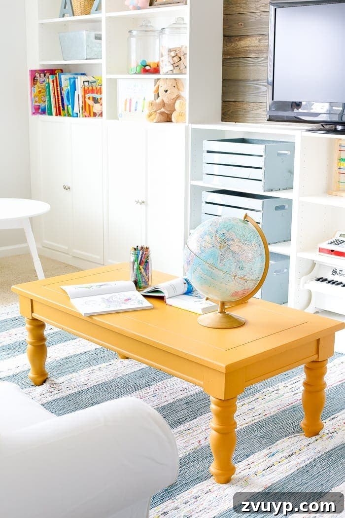 Playroom Coffee Table Gets a Zesty Mustard Refresh 11 Mustard Playroom Coffee Table Makeover | blesserhouse.com - An old thrifted wooden coffee table gets a bright and cheerful makeover using Fusion Mineral Paint in Mustard for a fun addition to a playroom.
