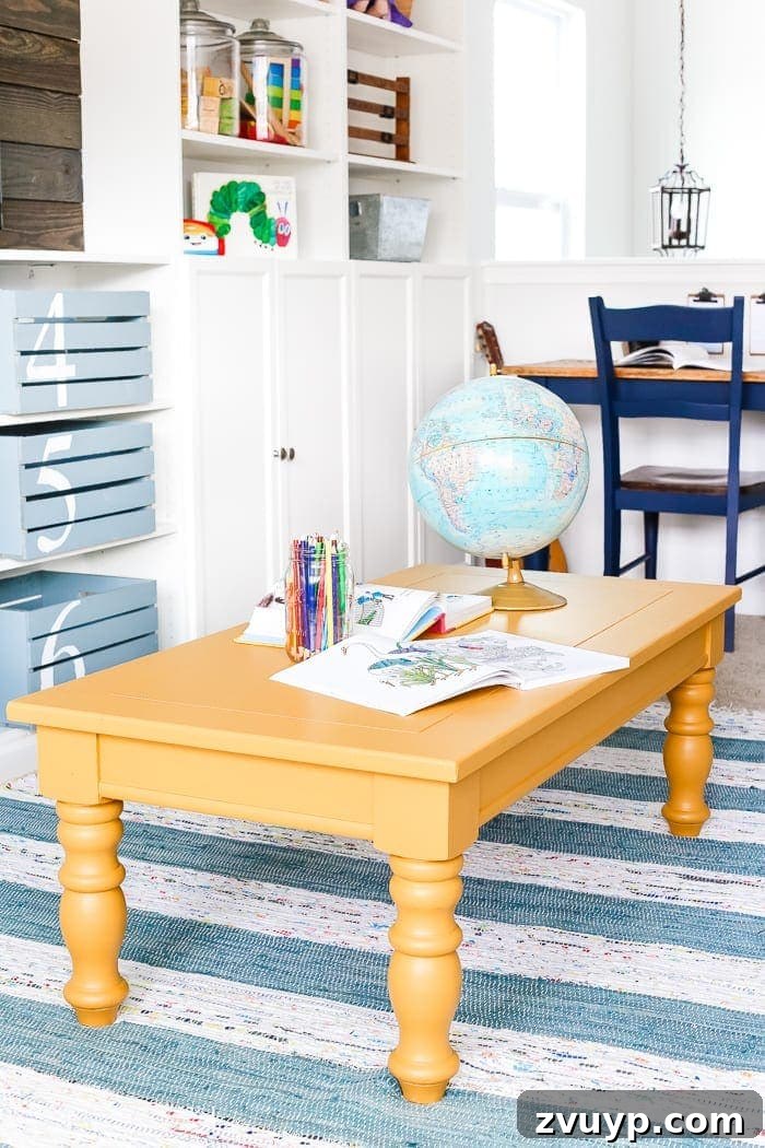 Playroom Coffee Table Gets a Zesty Mustard Refresh 12 Mustard Playroom Coffee Table Makeover | blesserhouse.com - An old thrifted wooden coffee table gets a bright and cheerful makeover using Fusion Mineral Paint in Mustard for a fun addition to a playroom.