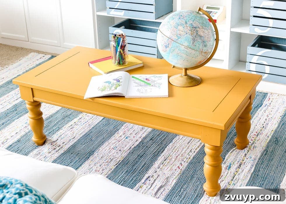 Playroom Coffee Table Gets a Zesty Mustard Refresh 6 Mustard Playroom Coffee Table Makeover | blesserhouse.com - An old thrifted wooden coffee table gets a bright and cheerful makeover using Fusion Mineral Paint in Mustard for a fun addition to a playroom.