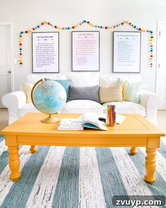 Playroom Coffee Table Gets a Zesty Mustard Refresh 7 Mustard Playroom Coffee Table Makeover | blesserhouse.com - An old thrifted wooden coffee table gets a bright and cheerful makeover using Fusion Mineral Paint in Mustard for a fun addition to a playroom.
