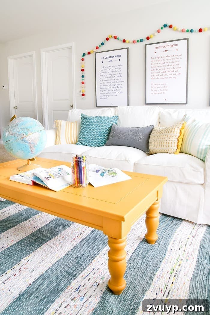 Playroom Coffee Table Gets a Zesty Mustard Refresh 8 Mustard Playroom Coffee Table Makeover | blesserhouse.com - An old thrifted wooden coffee table gets a bright and cheerful makeover using Fusion Mineral Paint in Mustard for a fun addition to a playroom.