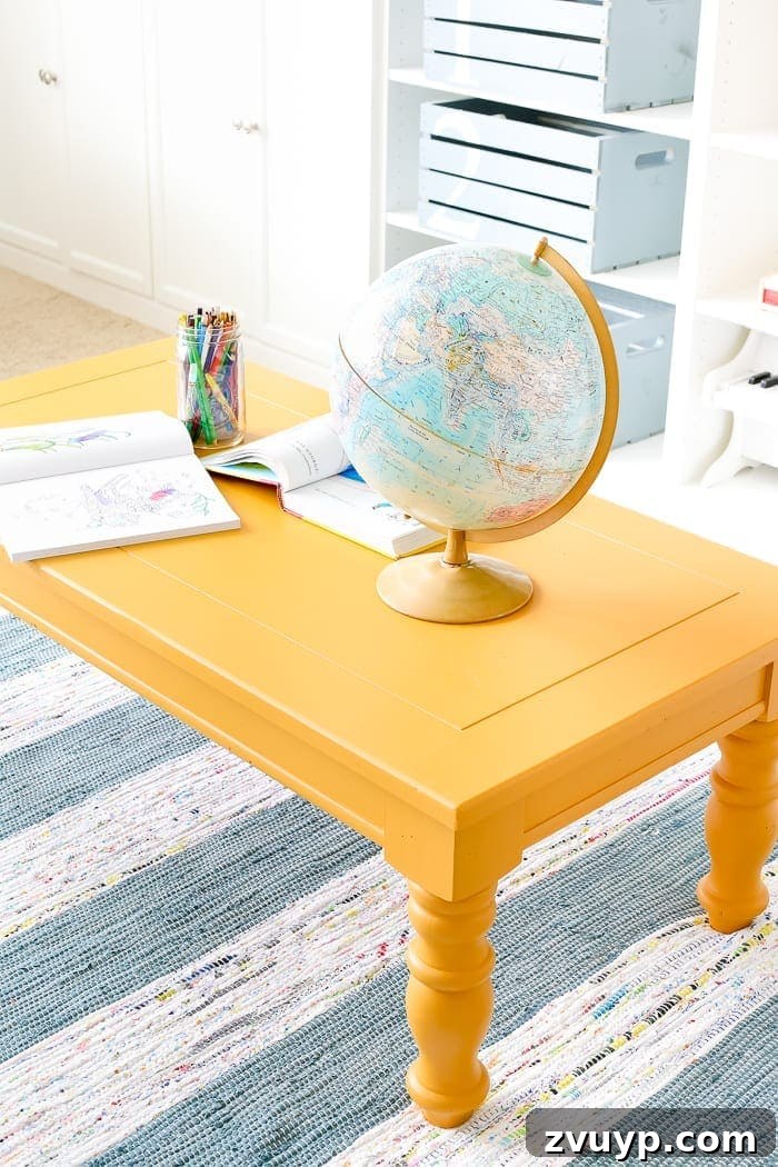 Playroom Coffee Table Gets a Zesty Mustard Refresh 9 Mustard Playroom Coffee Table Makeover | blesserhouse.com - An old thrifted wooden coffee table gets a bright and cheerful makeover using Fusion Mineral Paint in Mustard for a fun addition to a playroom.