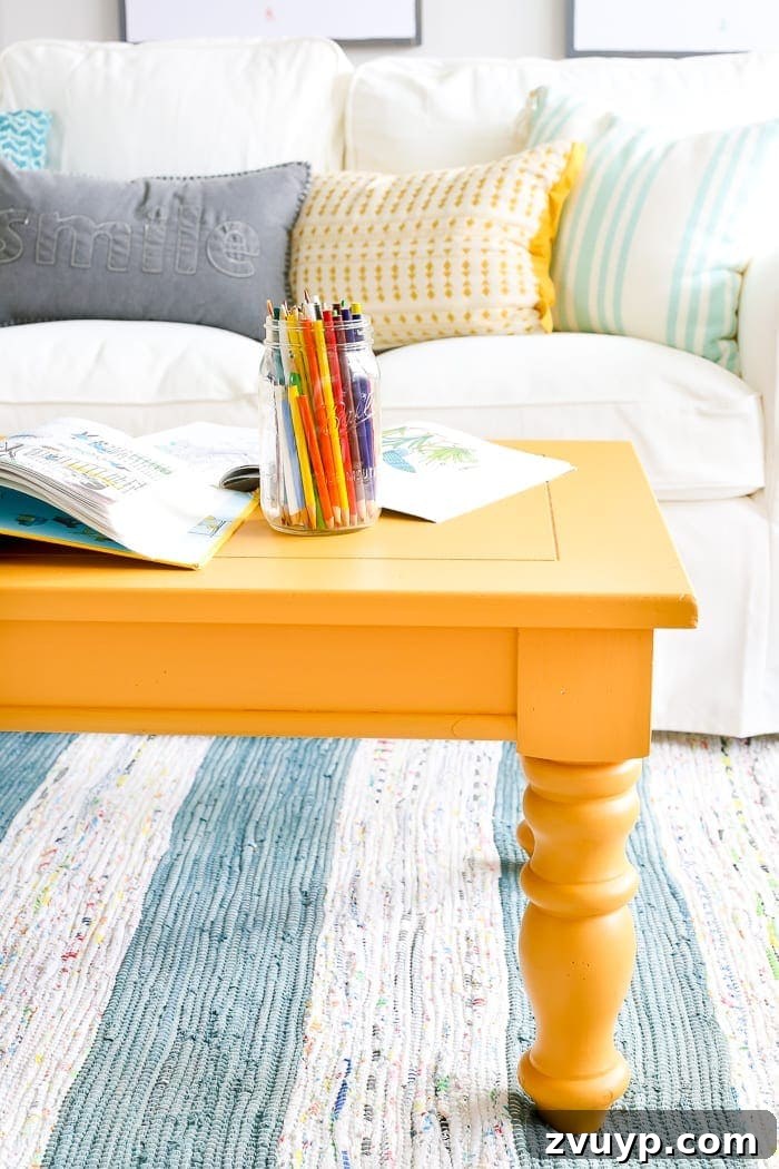 Playroom Coffee Table Gets a Zesty Mustard Refresh 10 Mustard Playroom Coffee Table Makeover | blesserhouse.com - An old thrifted wooden coffee table gets a bright and cheerful makeover using Fusion Mineral Paint in Mustard for a fun addition to a playroom.