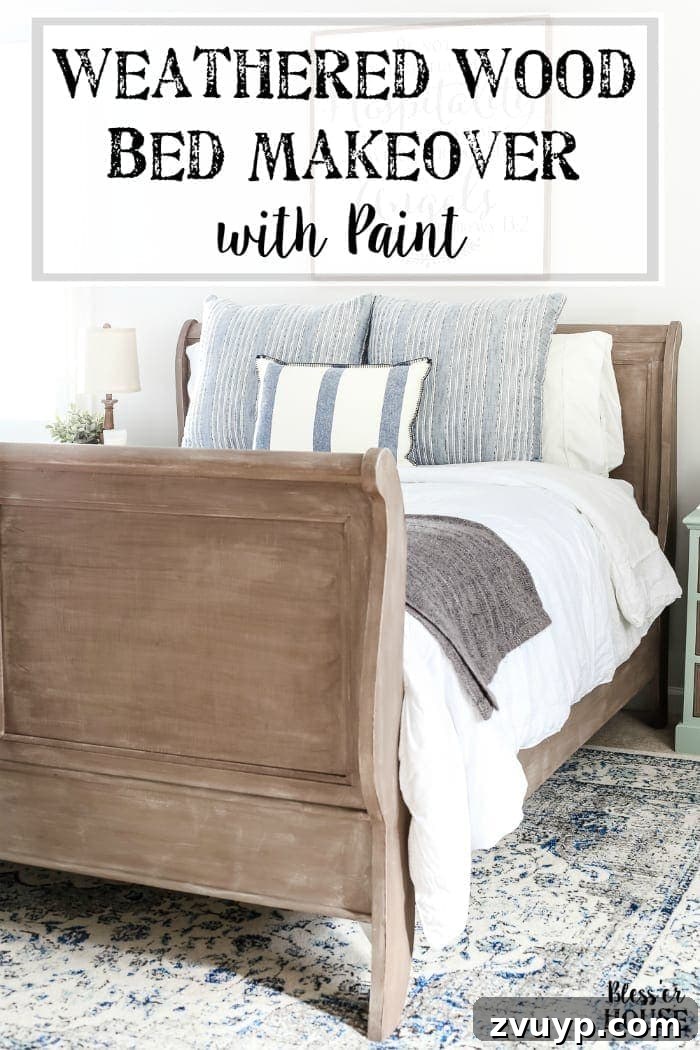 From Weathered to Wonderful A Painted Bed Revival 17 Pinterest graphic for the 'Painted Weathered Wood Bed Makeover' tutorial, inviting readers to save the project for future reference.