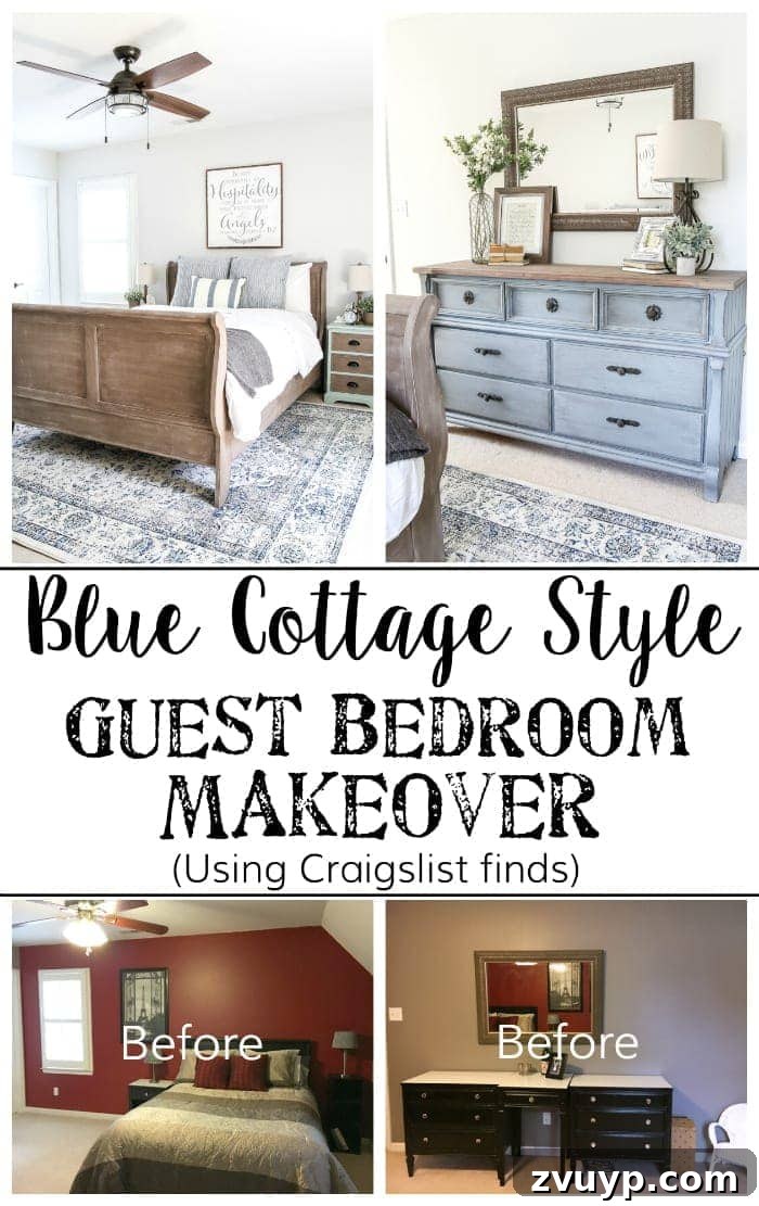 Pinterest graphic for 'Blue Cottage Style Guest Bedroom Makeover | blesserhouse.com - A dark and dated guest bedroom gets a cottage style makeover with serene shades of blue using Craigslist furniture and budget-friendly finds.'
