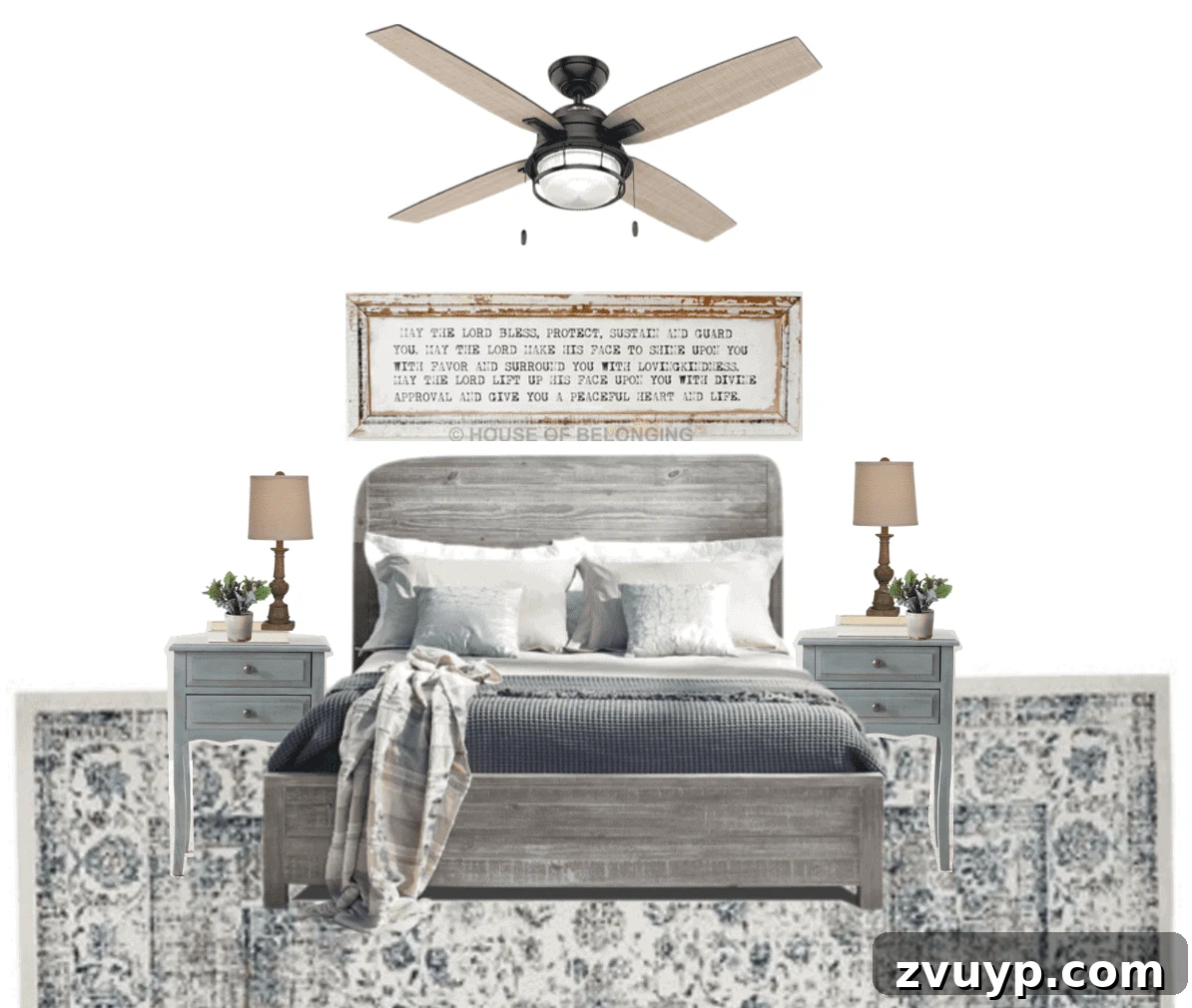 Initial design concept for the blue cottage style guest bedroom makeover, showing serene blue and white tones.
