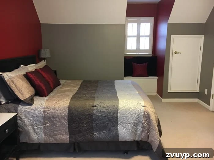 Before: Dark corner of the guest bedroom showing dated furniture and lack of natural light.