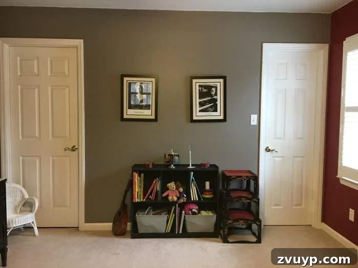 Before: View of the old dresser and cluttered corner in the guest bedroom.