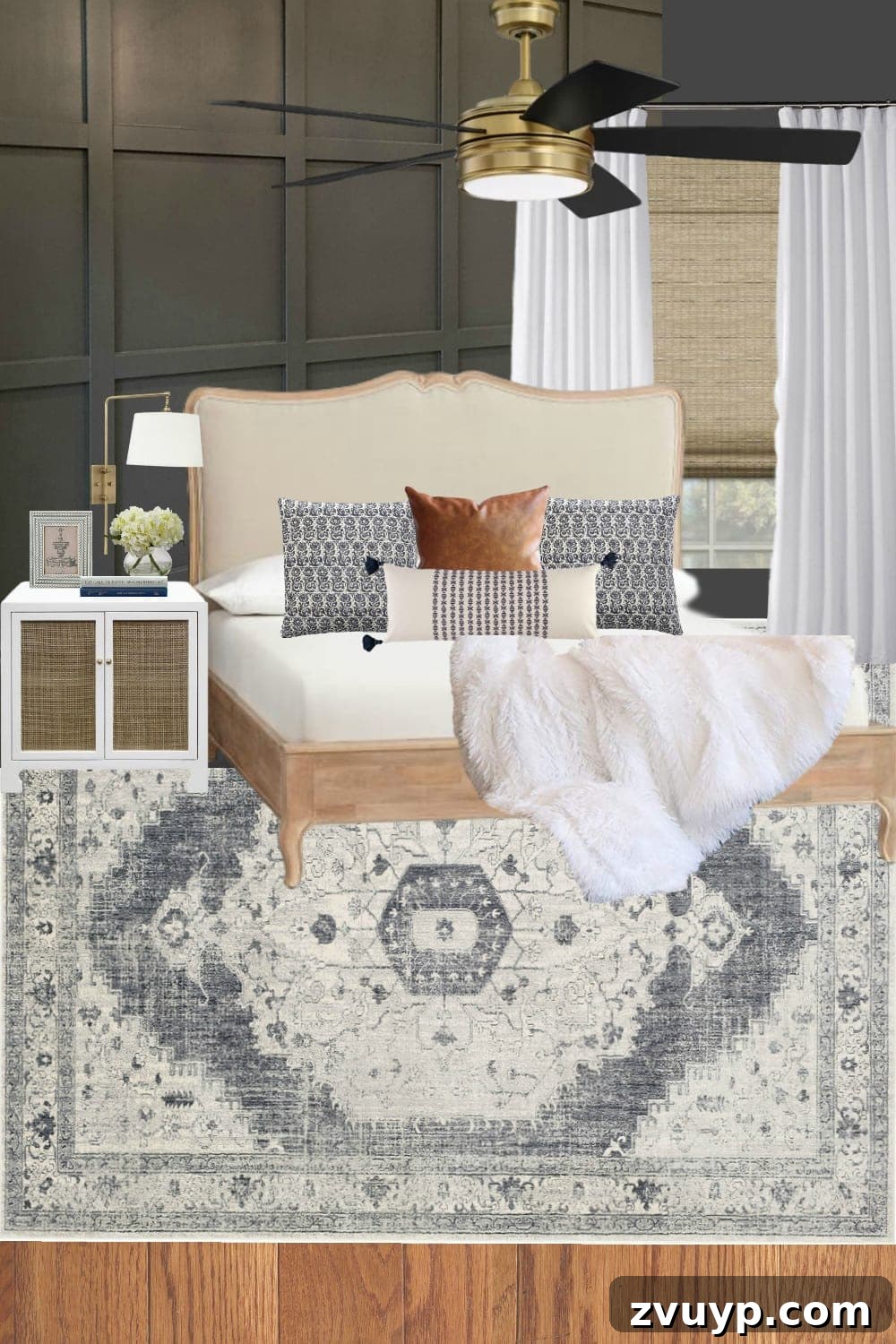 The Ultimate 13-Step Room Makeover Guide 3 Room design mood board showcasing a modern French style master bedroom aesthetic with furniture, textiles, and color swatches