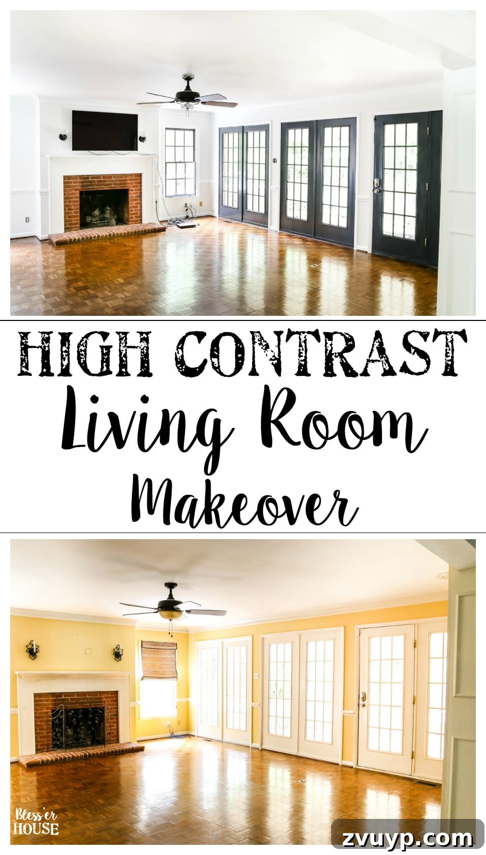 Dramatic Contrasts Living Room Paint Update 11 Pinterest graphic for high contrast living room makeover with Benjamin Moore paint colors