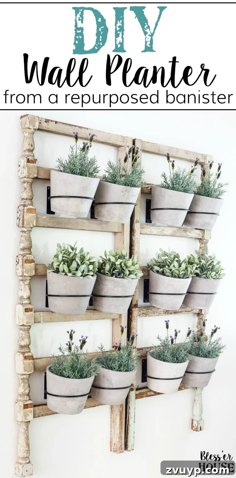 Heirloom Railing Wall Garden 14 DIY Antique Banister Wall Planter | www.blesserhouse.com - A quick and simple tutorial for how to make a wall planter from a repurposed antique banister using artificial plants. Cute way to bring the outdoors in!