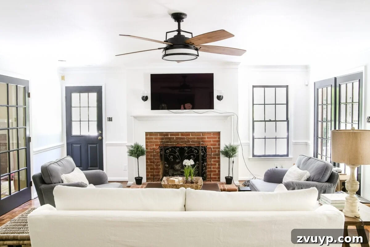 Ceiling Fan Upgrade: Transforming Your Living Room 4 Living Room Update: Ceiling Fan Swap | blesserhouse.com - A bland, boring living room gets a makeover with a modern industrial farmhouse style ceiling fan - Casablanca Caneel Bay.