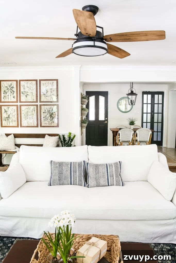 Ceiling Fan Upgrade: Transforming Your Living Room 6 Living Room Update: Ceiling Fan Swap | blesserhouse.com - A bland, boring living room gets a makeover with a modern industrial farmhouse style ceiling fan - Casablanca Caneel Bay.