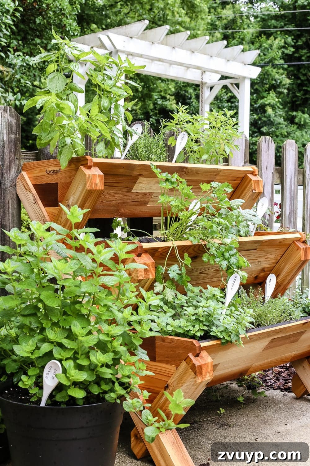 Whimsical Wooden Spoon Garden Labels 8 DIY Wooden Spoon Garden Markers | A beautiful stacked herb garden thriving in the backyard, enhanced by charming DIY wooden spoon markers. Inspiring healthy eating and family activities.
