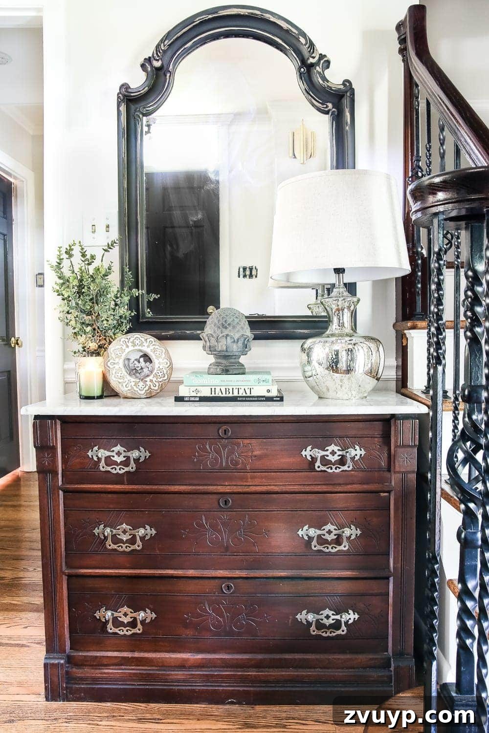Elevate Your Entryway: Banish Marble Stains and Revamp Your Foyer Chest 10 Foyer with restored chest and thrifted mirror