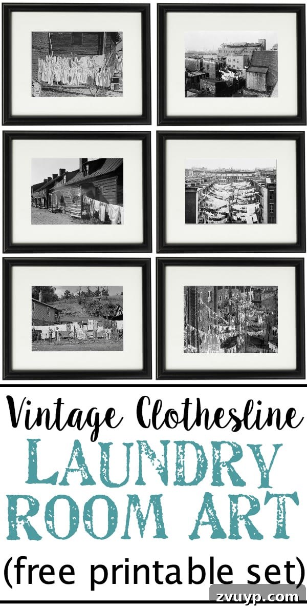 Charming Laundry Day Decor Printables 7 Collage of six vintage black and white clothesline photos, ready for printing and framing.
