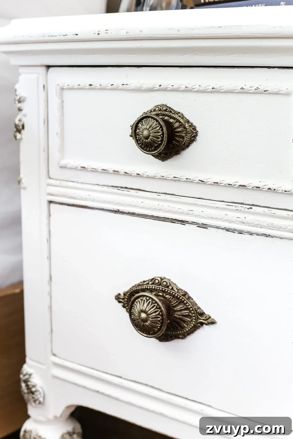 Gilded Glamour Nightstands 13 Finished French-inspired nightstands in a bright white and neutral bedroom