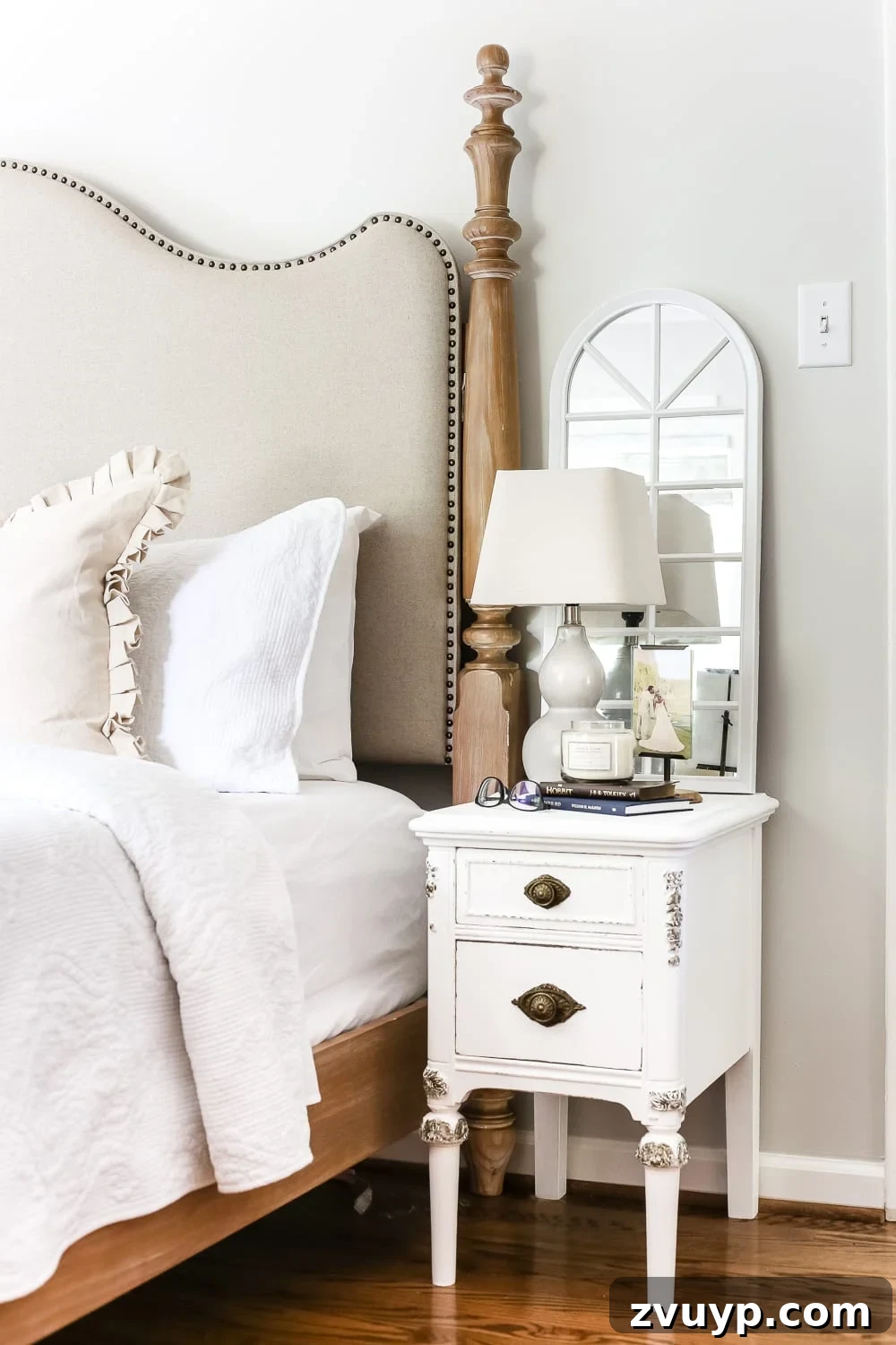 Gilded Glamour Nightstands 14 White bedroom decor with new faux gilded nightstands and comfortable bedding