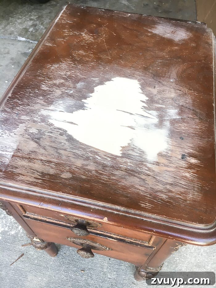 Gilded Glamour Nightstands 6 Nightstand after wood filler repair and sanding, ready for primer