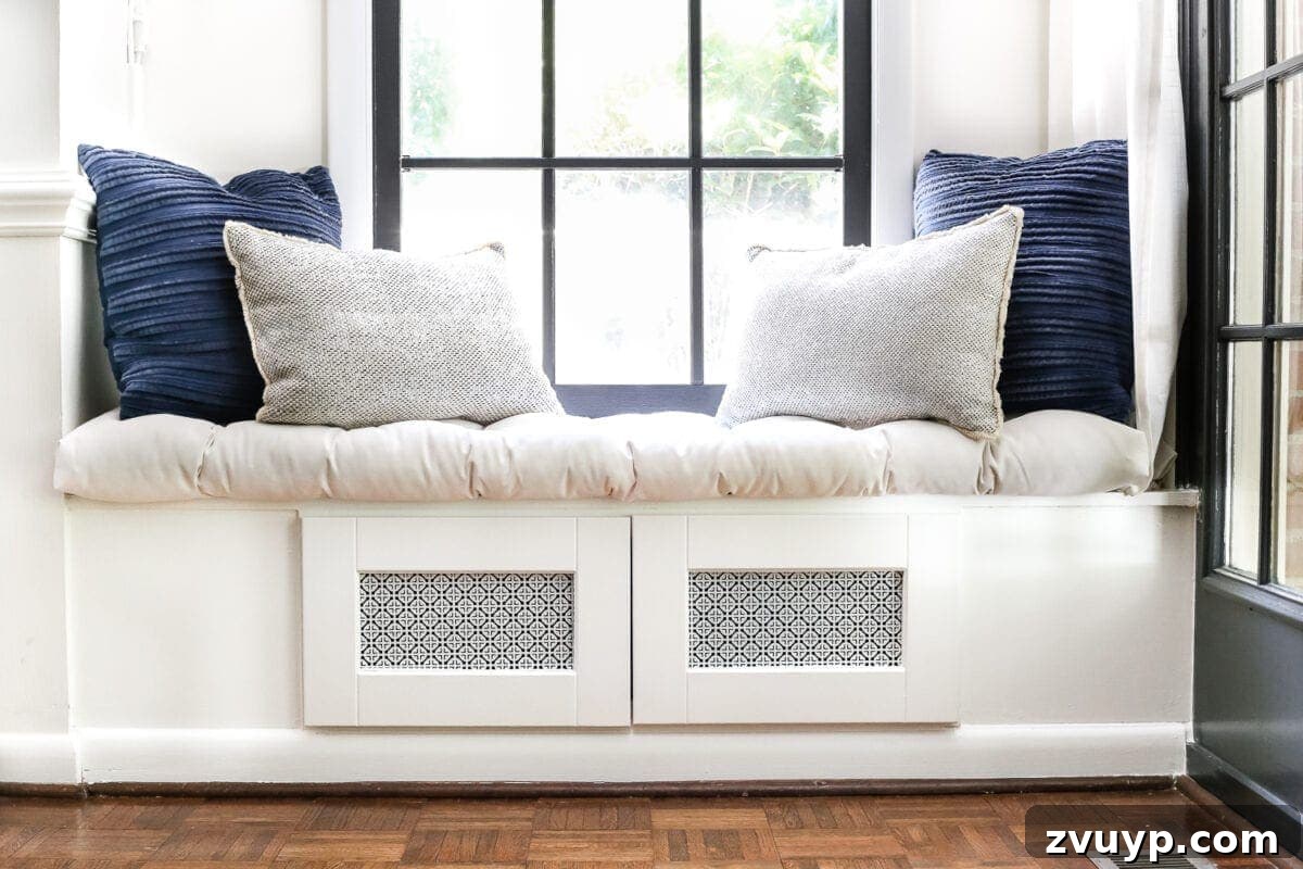 Kitchen Cabinet to Cozy Window Seat 13 DIY Window Seat from a Kitchen Cabinet | blesserhouse.com - A simplified tutorial for how to build a DIY window seat using a prefabbed kitchen cabinet to house electronics and hide cords.