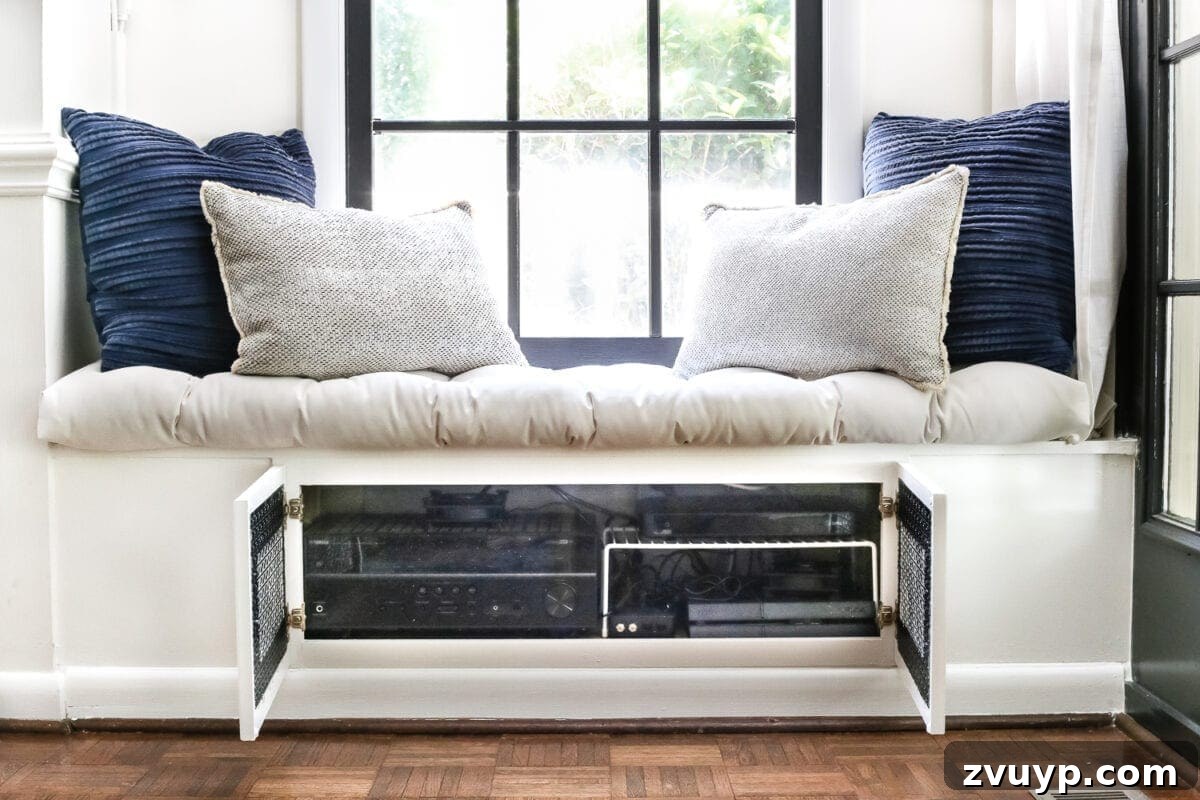 Kitchen Cabinet to Cozy Window Seat 14 DIY Window Seat from a Kitchen Cabinet | blesserhouse.com - A simplified tutorial for how to build a DIY window seat using a prefabbed kitchen cabinet to house electronics and hide cords.