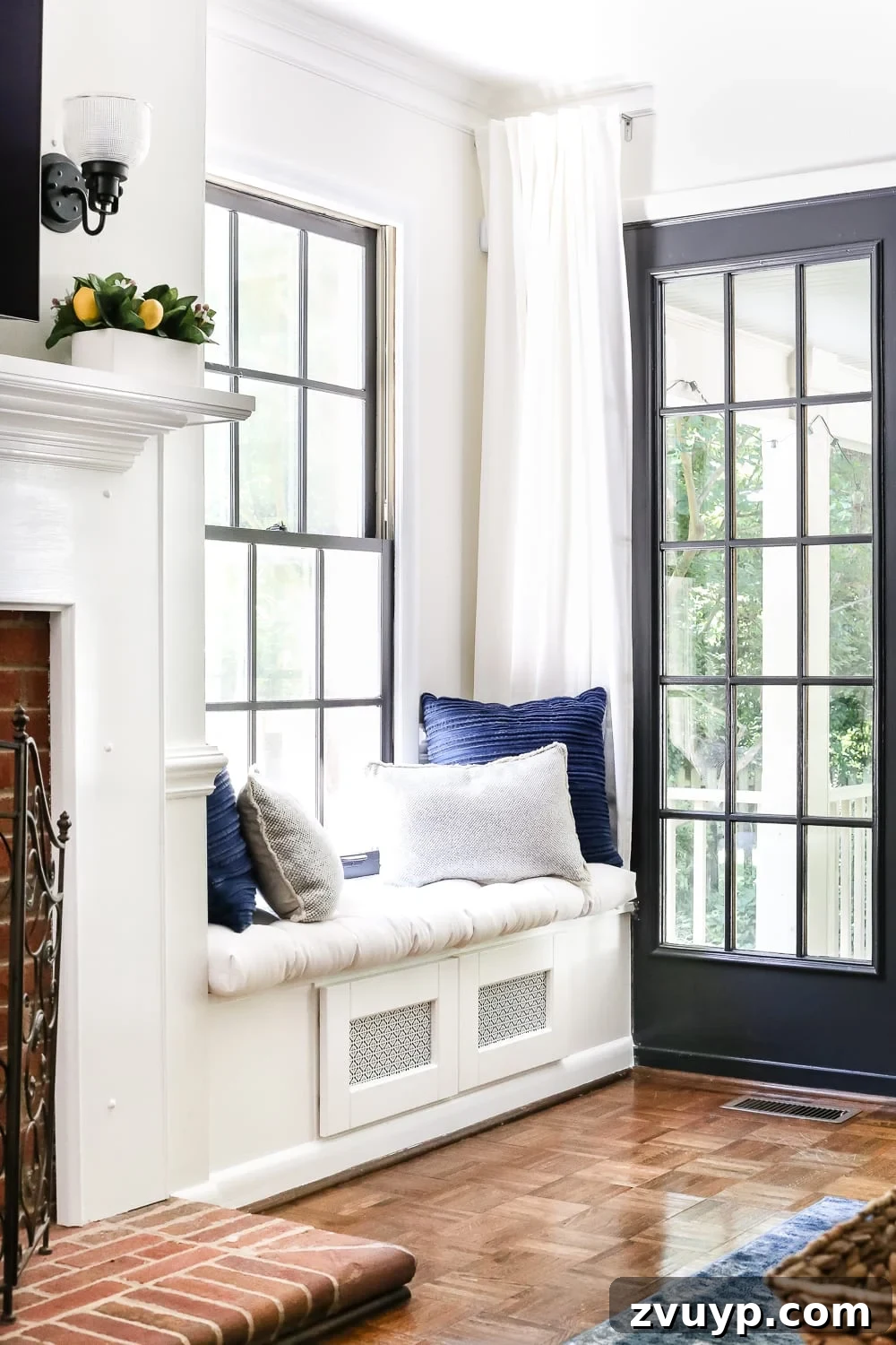 Kitchen Cabinet to Cozy Window Seat 15 DIY Window Seat from a Kitchen Cabinet | blesserhouse.com - A simplified tutorial for how to build a DIY window seat using a prefabbed kitchen cabinet to house electronics and hide cords.