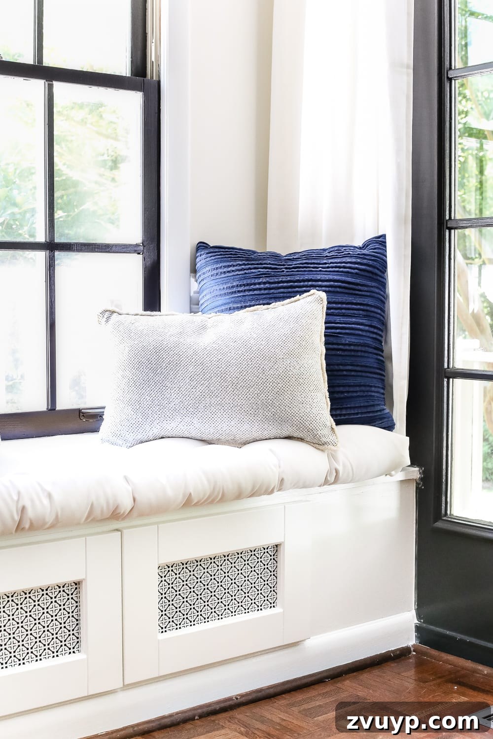 Kitchen Cabinet to Cozy Window Seat 16 DIY Window Seat from a Kitchen Cabinet | blesserhouse.com - A simplified tutorial for how to build a DIY window seat using a prefabbed kitchen cabinet to house electronics and hide cords.