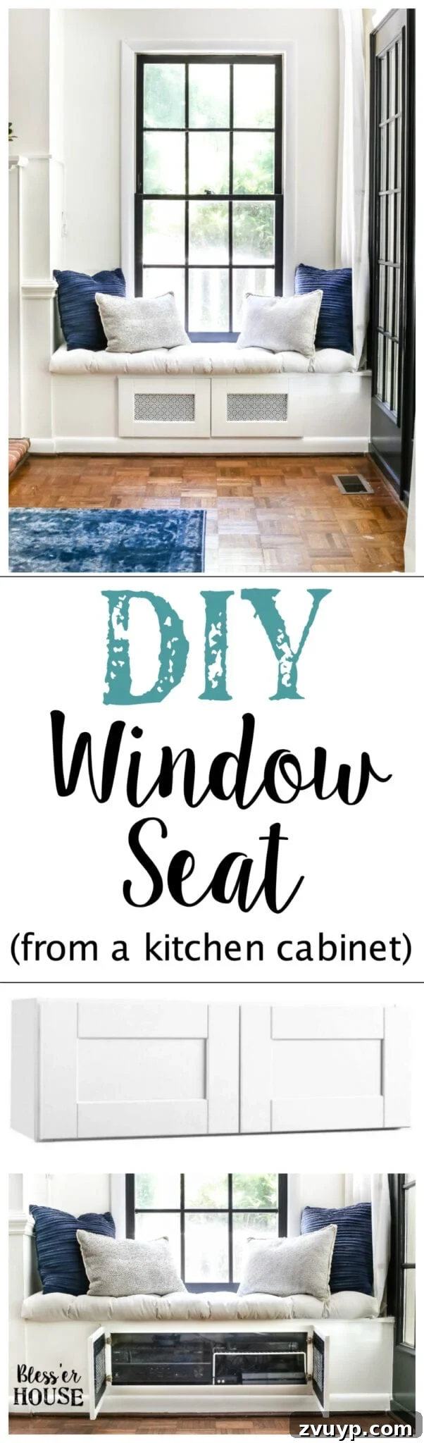 Kitchen Cabinet to Cozy Window Seat 18 DIY Window Seat from a Kitchen Cabinet | blesserhouse.com - A simplified tutorial for how to build a DIY window seat using a prefabbed kitchen cabinet to house electronics and hide cords.