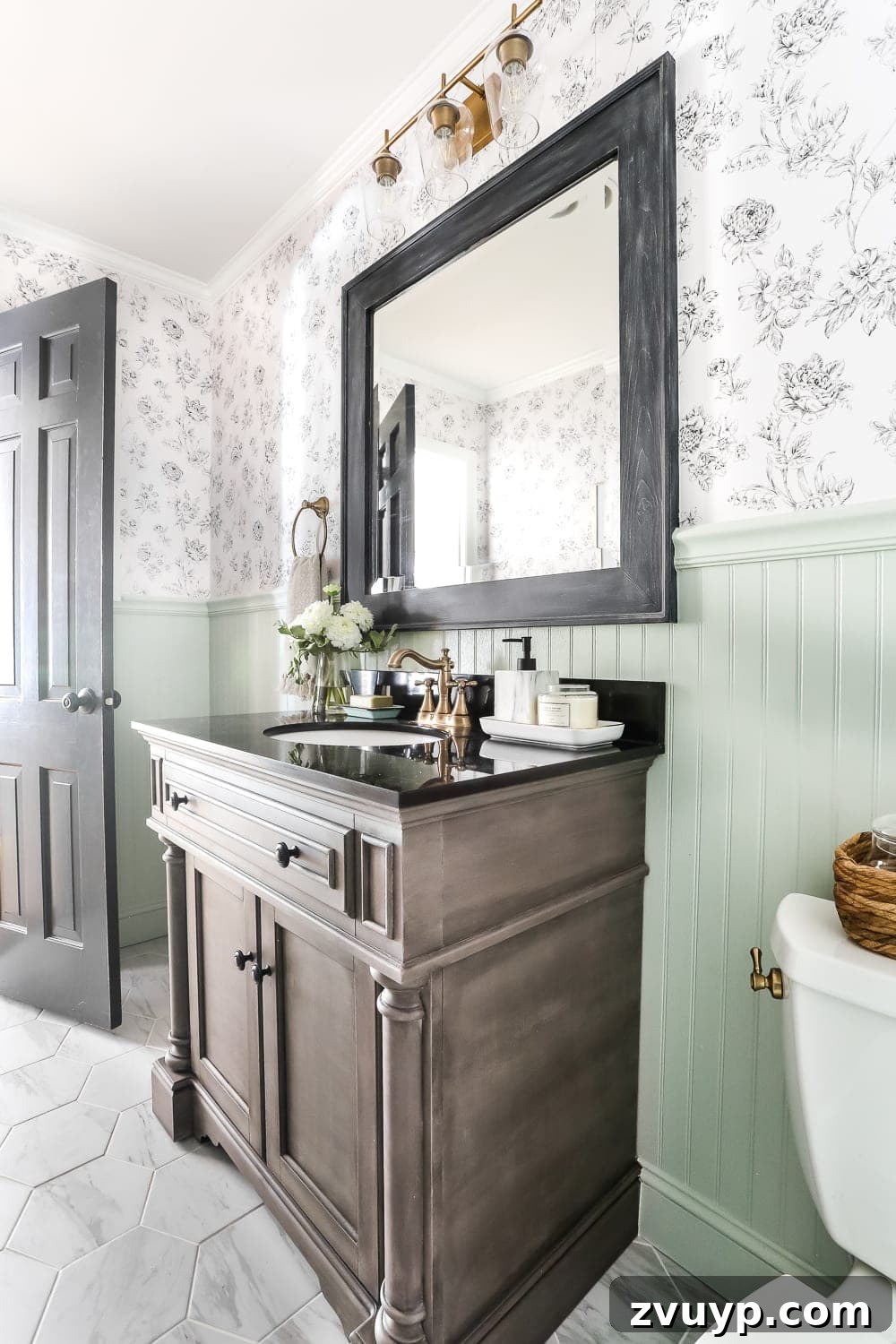 Aqua Urban Sanctuary Reveal 11 Aqua Meets Urban Powder Room Reveal | blesserhouse.com - A dated powder room gets a modern meets traditional, urban meets farmhouse makeover with aquas, black and white, and antique brass.