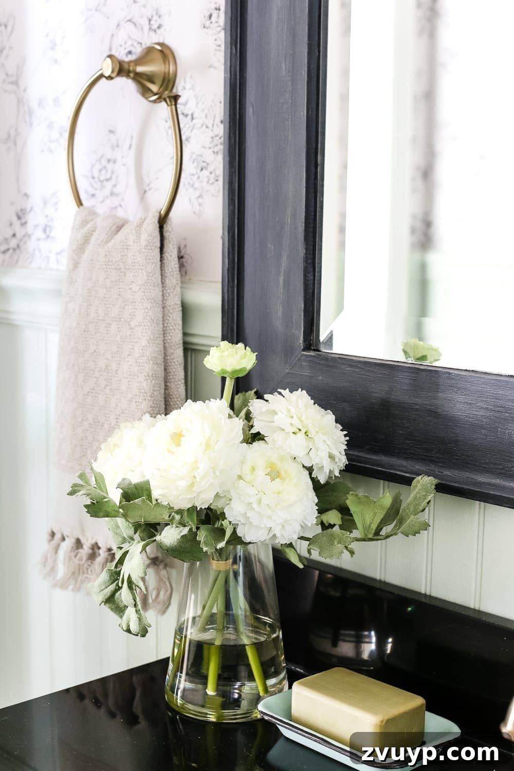 Aqua Urban Sanctuary Reveal 12 Aqua Meets Urban Powder Room Reveal | blesserhouse.com - A dated powder room gets a modern meets traditional, urban meets farmhouse makeover with aquas, black and white, and antique brass.