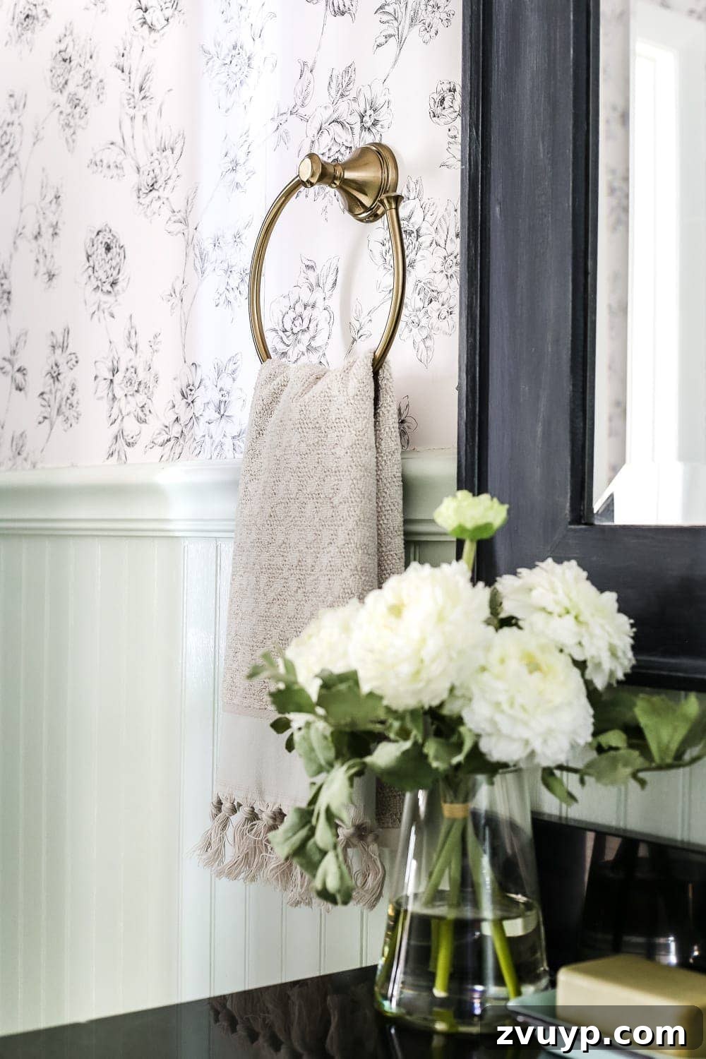 Aqua Urban Sanctuary Reveal 15 Aqua Meets Urban Powder Room Reveal | blesserhouse.com - A dated powder room gets a modern meets traditional, urban meets farmhouse makeover with aquas, black and white, and antique brass.