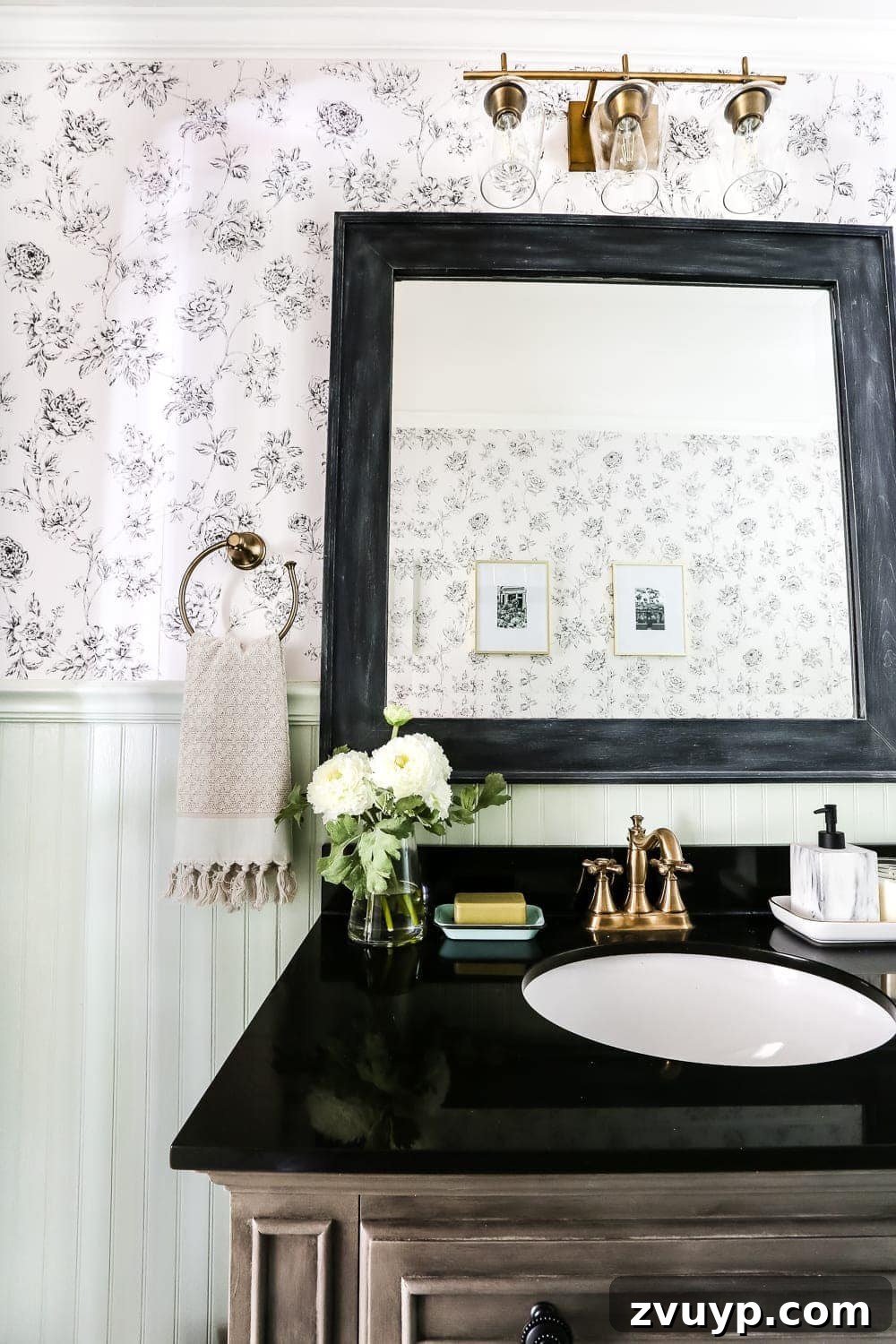 Aqua Urban Sanctuary Reveal 5 Aqua Meets Urban Powder Room Reveal | blesserhouse.com - A dated powder room gets a modern meets traditional, urban meets farmhouse makeover with aquas, black and white, and antique brass.