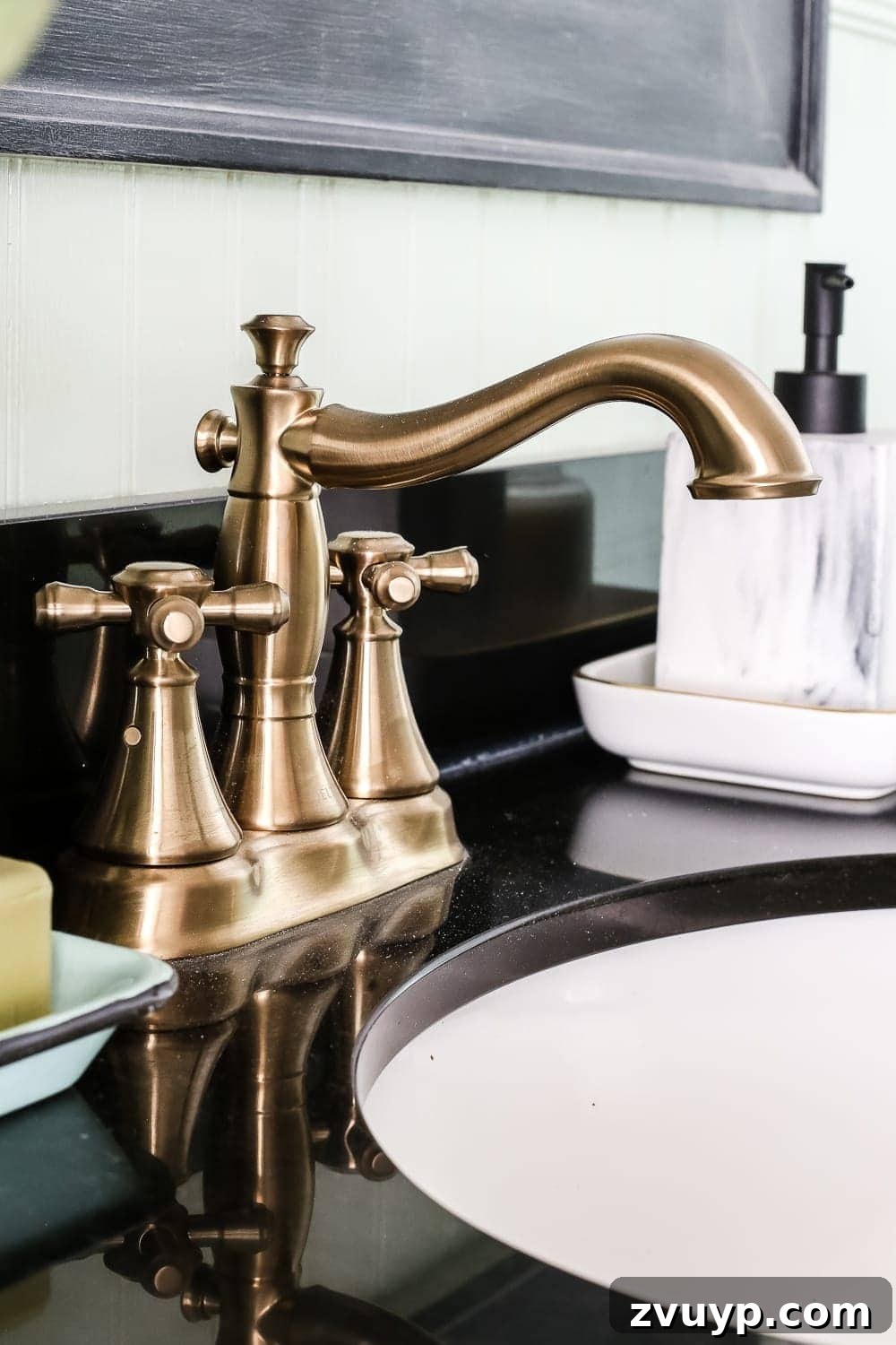 Aqua Urban Sanctuary Reveal 7 Aqua Meets Urban Powder Room Reveal | blesserhouse.com - A dated powder room gets a modern meets traditional, urban meets farmhouse makeover with aquas, black and white, and antique brass.