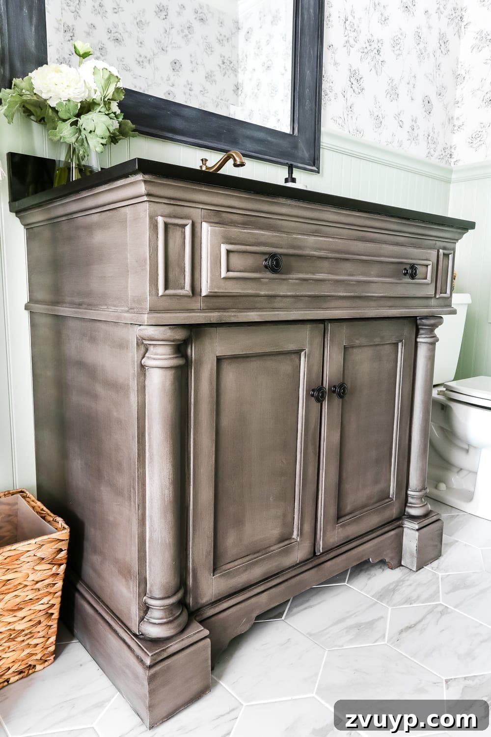 Aqua Urban Sanctuary Reveal 9 Aqua Meets Urban Powder Room Reveal | blesserhouse.com - A dated powder room gets a modern meets traditional, urban meets farmhouse makeover with aquas, black and white, and antique brass.