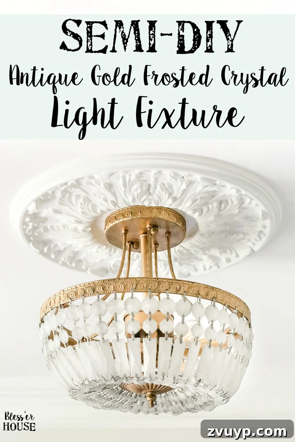 Regal Radiance Antique Gold Crystal Fixture Reimagined 15 Pinterest pin graphic for DIY Antique Gold Frosted Crystal Light Fixture Makeover tutorial, featuring the finished light fixture.