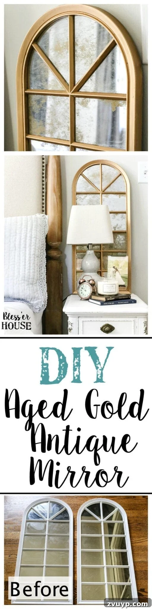 DIY Faux Aged Gold Antique Mirror Makeover 14 DIY Antique Gold Mirror Makeover | Pinterest graphic for saving this budget-friendly DIY tutorial.