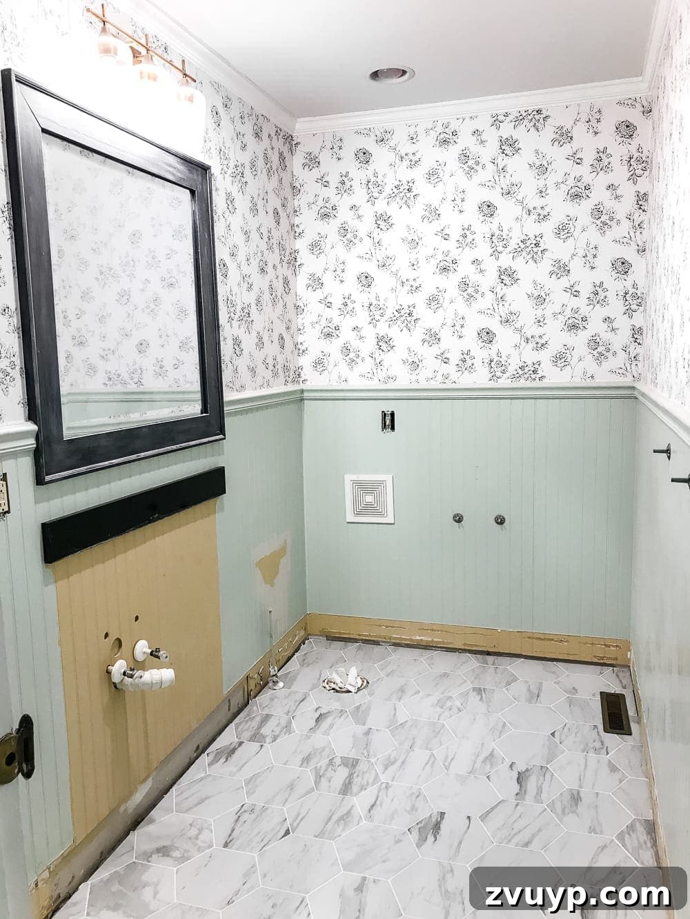 Powder Room Glow-Up: The Faux Marble Tile Floor Reveal 11 The Best Faux Marble Tile | blesserhouse.com - A dated powder room floor gets a modern classic refresh with faux marble tile & why hiring a contractor is sometimes cheaper than DIY.