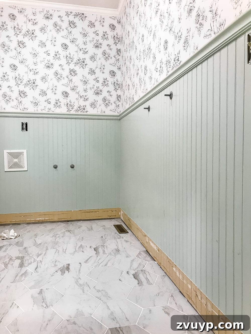 Powder Room Glow-Up: The Faux Marble Tile Floor Reveal 9 The Best Faux Marble Tile | blesserhouse.com - A dated powder room floor gets a modern classic refresh with faux marble tile & why hiring a contractor is sometimes cheaper than DIY.