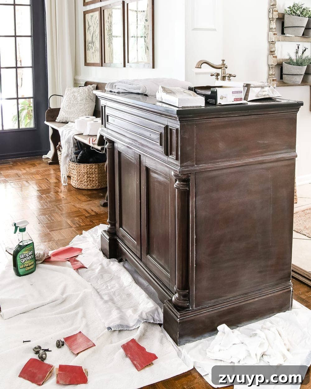 Rustic Gray Vanity Revival 2 Stunning weathered gray wood look vanity makeover achieved with chalk paint and wax, adding rustic charm to any bathroom.