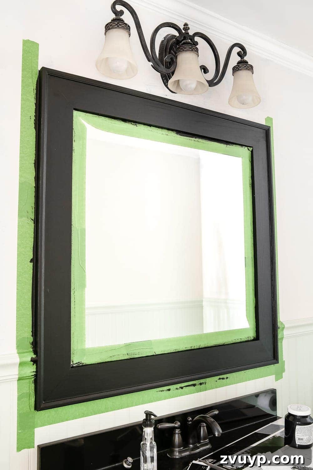 Dry Brush Black Mirror Redefined 4 Black painted mirror frame after two coats of Fusion Mineral Paint Coal Black, ready for dry brushing to enhance its texture.