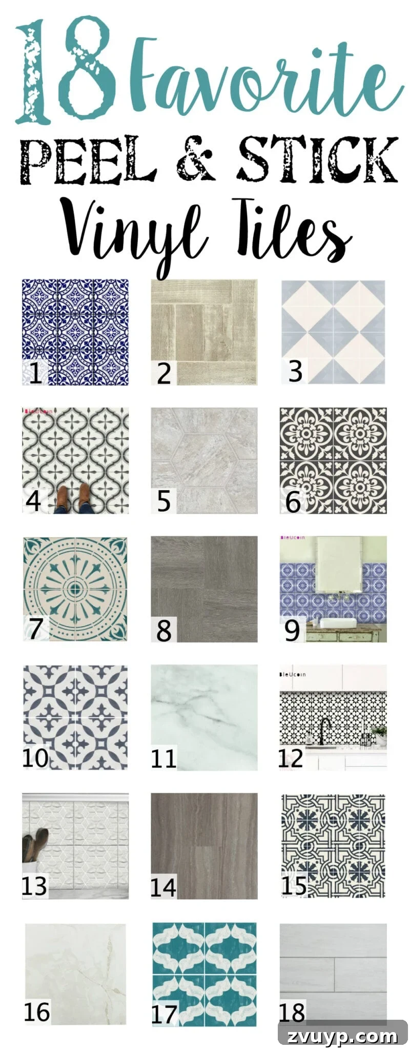 18 Clever Peel and Stick Vinyl Tiles for Instant Style 4 18 Favorite Peel and Stick Vinyl Tiles | blesserhouse.com - A shopping guide round-up of 18 of the best peel and stick vinyl tiles in wood-looks, stone-looks, and trendy patterns. Quick, easy, and no-mess.